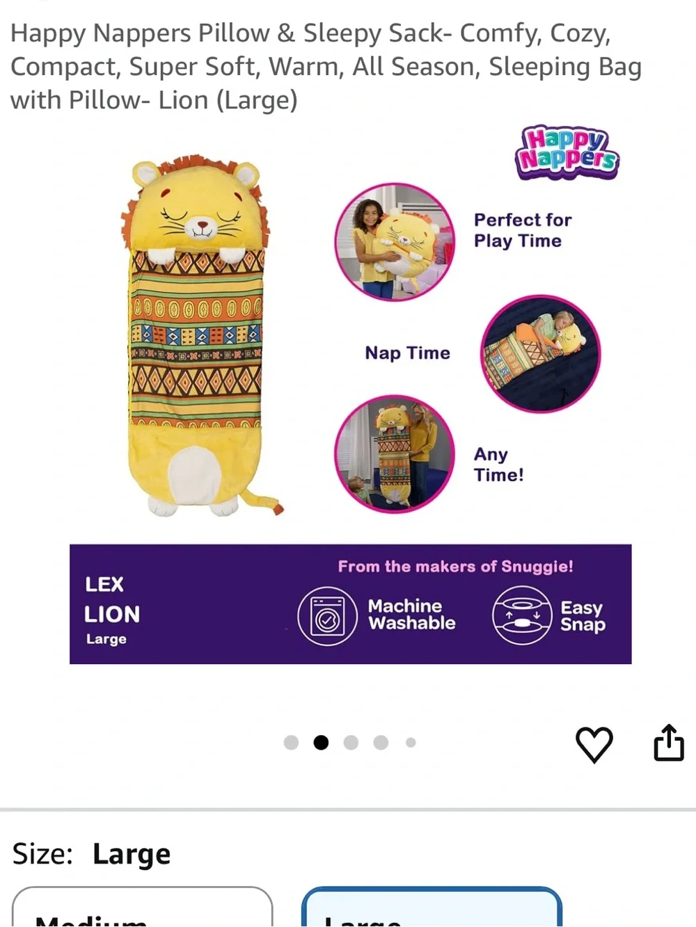 NEW Happy Nappers Pillow & Sleepy Sack Plush Kids Sleeping Bag w Pillow - Lion L